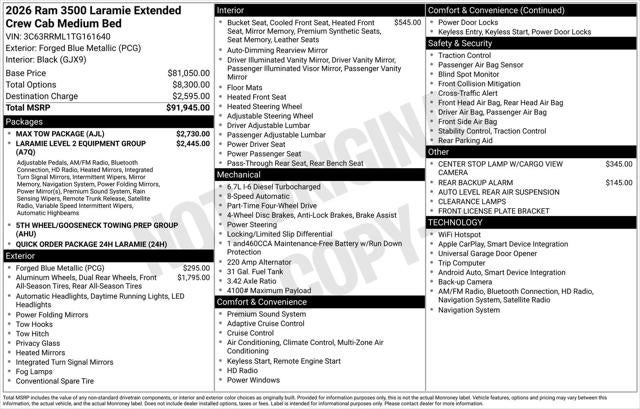 2026 RAM Ram 3500 RAM 3500 LARAMIE MEGA CAB 4X4 6'4' BOX