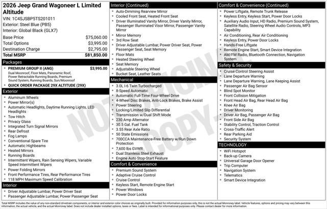 2026 Jeep Grand Wagoneer L GRAND WAGONEER L LIMITED ALTITUDE 4X4