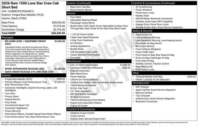 2026 RAM Ram 1500 RAM 1500 LONE STAR CREW CAB 4X2 5'7' BOX
