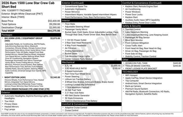 2026 RAM Ram 1500 RAM 1500 LONE STAR CREW CAB 4X4 5'7' BOX