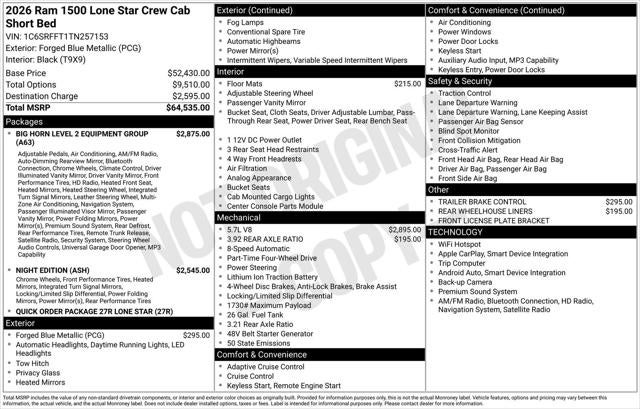 2026 RAM Ram 1500 RAM 1500 LONE STAR CREW CAB 4X4 5'7' BOX