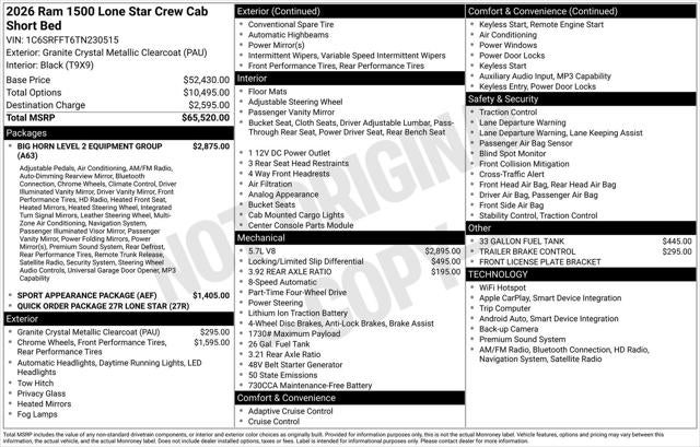 2026 RAM Ram 1500 RAM 1500 LONE STAR CREW CAB 4X4 5'7' BOX