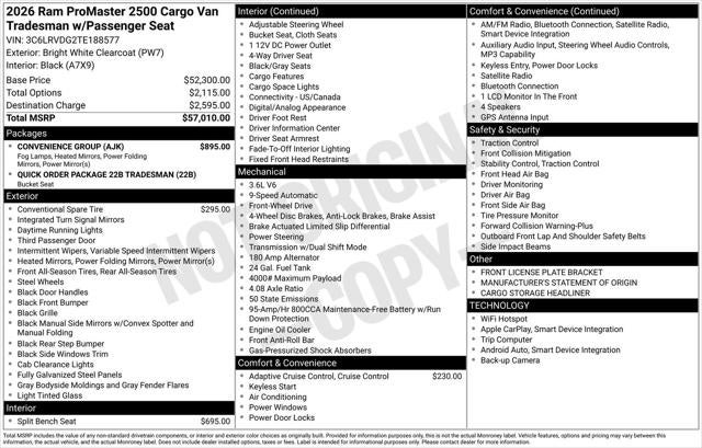 2026 RAM Ram ProMaster RAM PROMASTER 2500 TRADESMAN CARGO VAN HIGH ROOF 159' WB