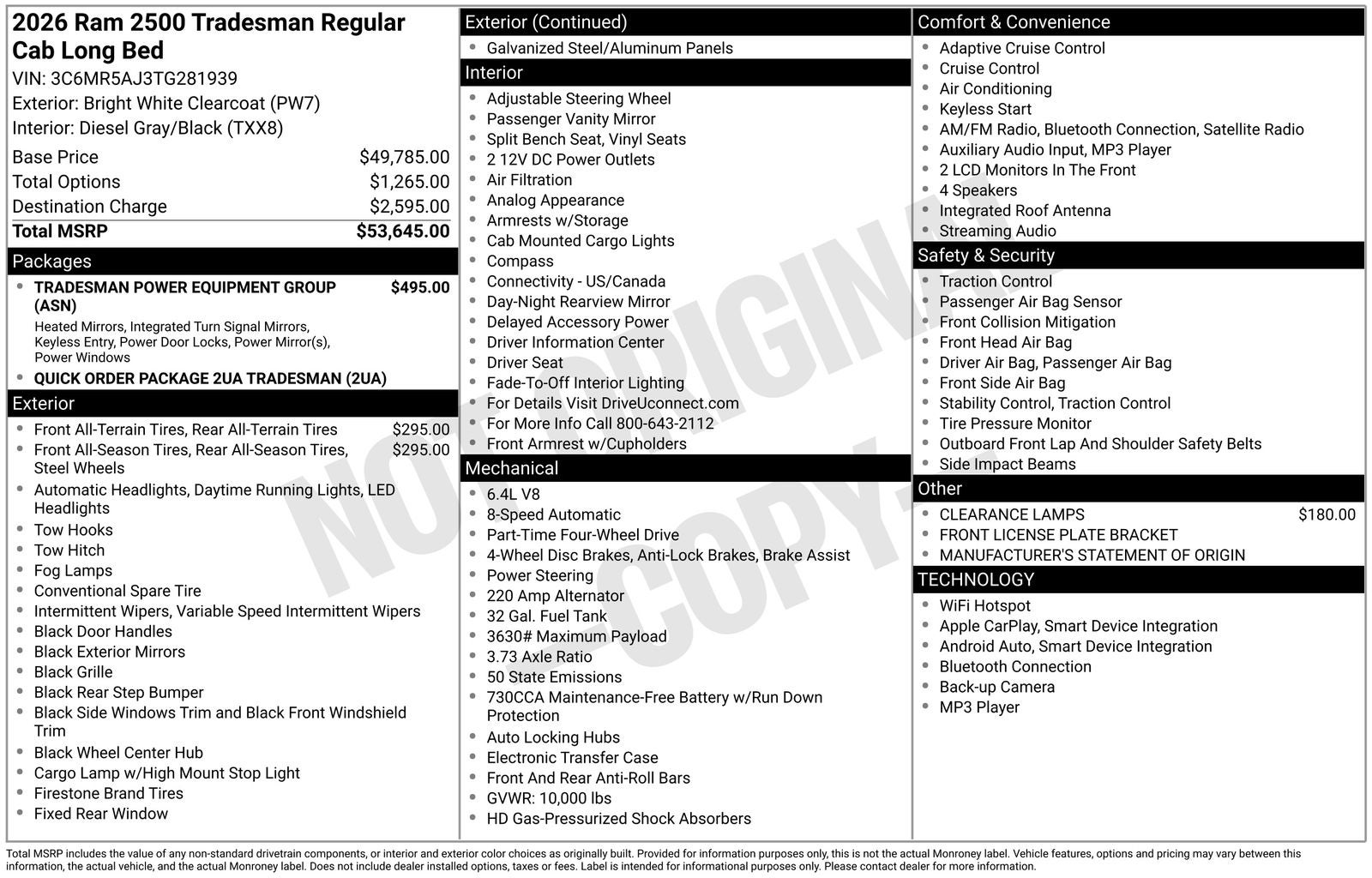 2026 RAM Ram 2500 RAM 2500 TRADESMAN REGULAR CAB 4X4 8' BOX