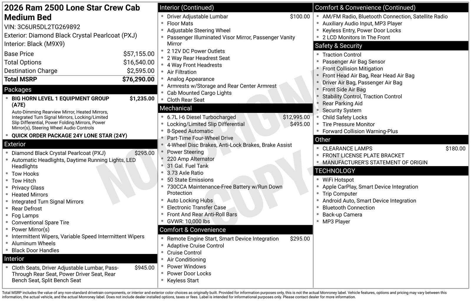 2026 RAM Ram 2500 RAM 2500 LONE STAR CREW CAB 4X4 6'4' BOX